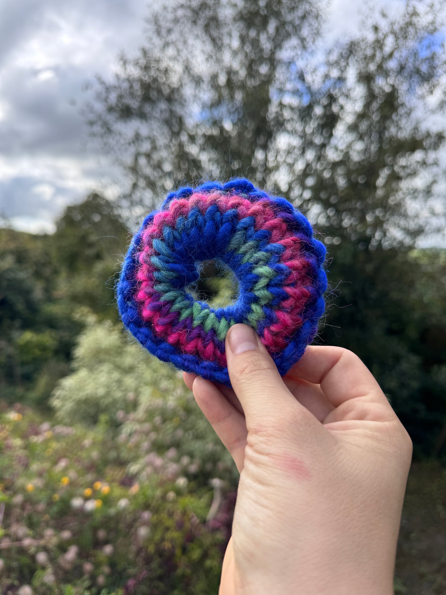 Hand knitted scrunchie - Royal Blue, Purples and Pink