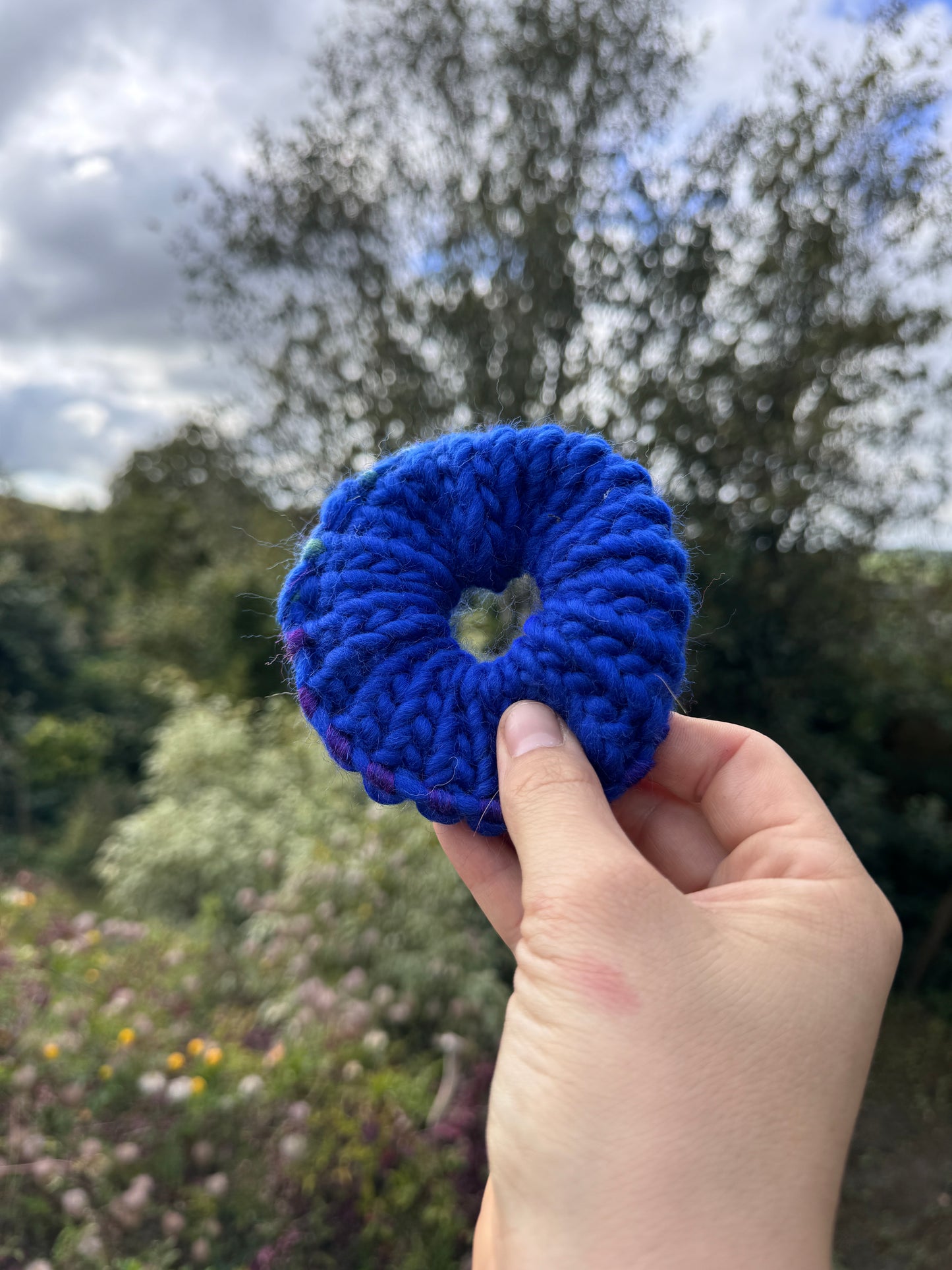 Hand knitted scrunchie - Royal Blue, Purples and Pink