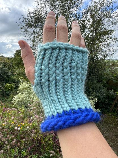 Adult - Fingerless Knitted Gloves - Duck Egg and Royal Blue