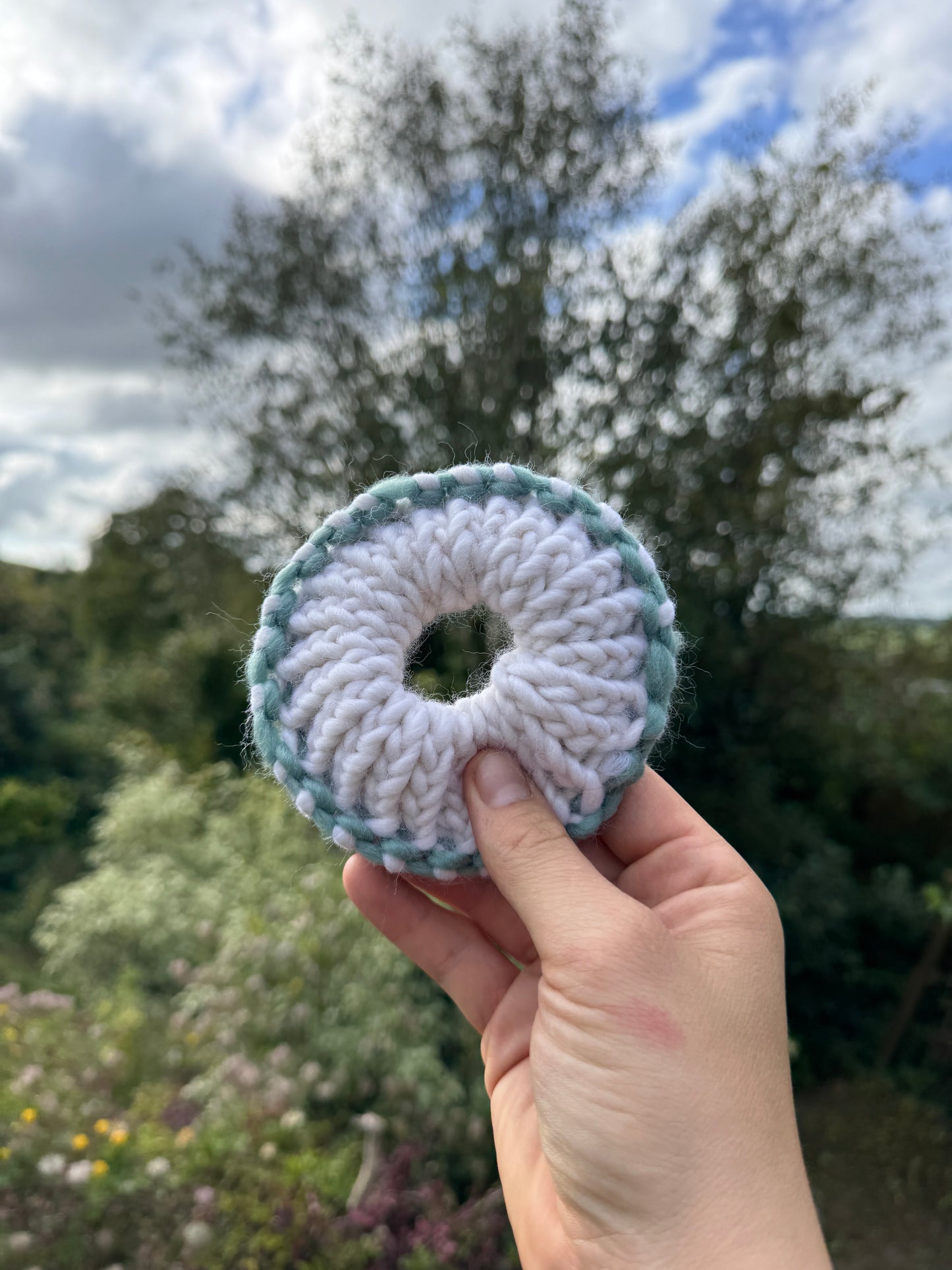 Duck egg blue and white knitted scrunchie - Hair Band