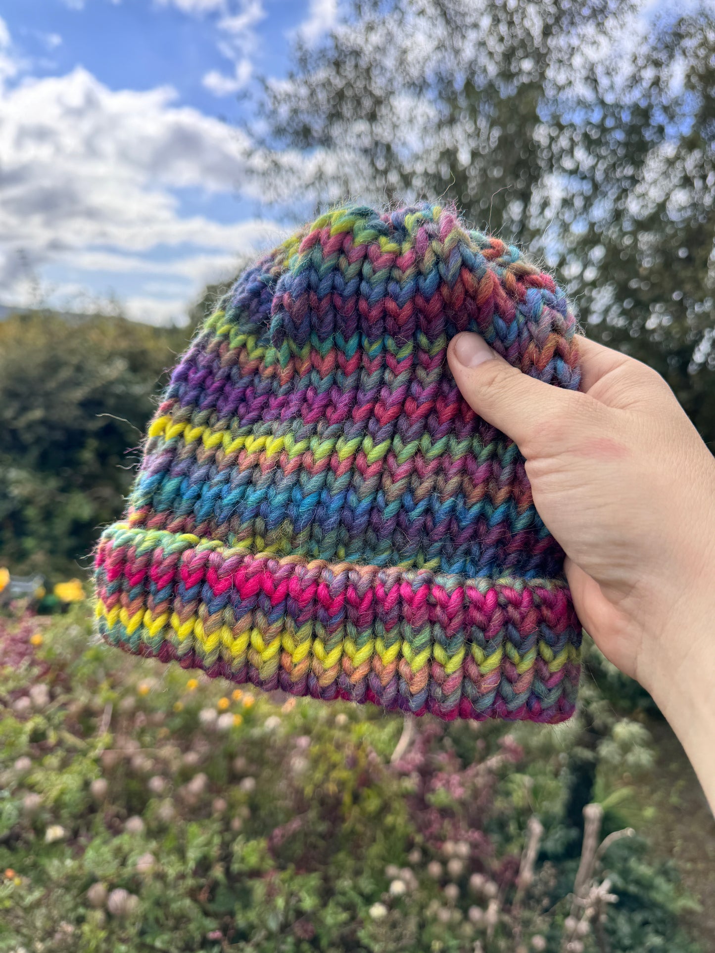 Adult - Hand knitted rainbow beanie hat