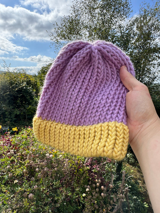 Adult - 100% merino wool knitted hat - Lavender and Pastel Yellow