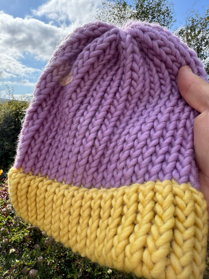 Adult - 100% merino wool knitted hat - Lavender and Pastel Yellow