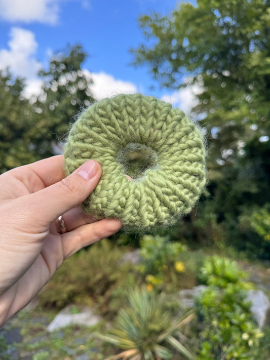 Sage hand knitted hair scrunchie