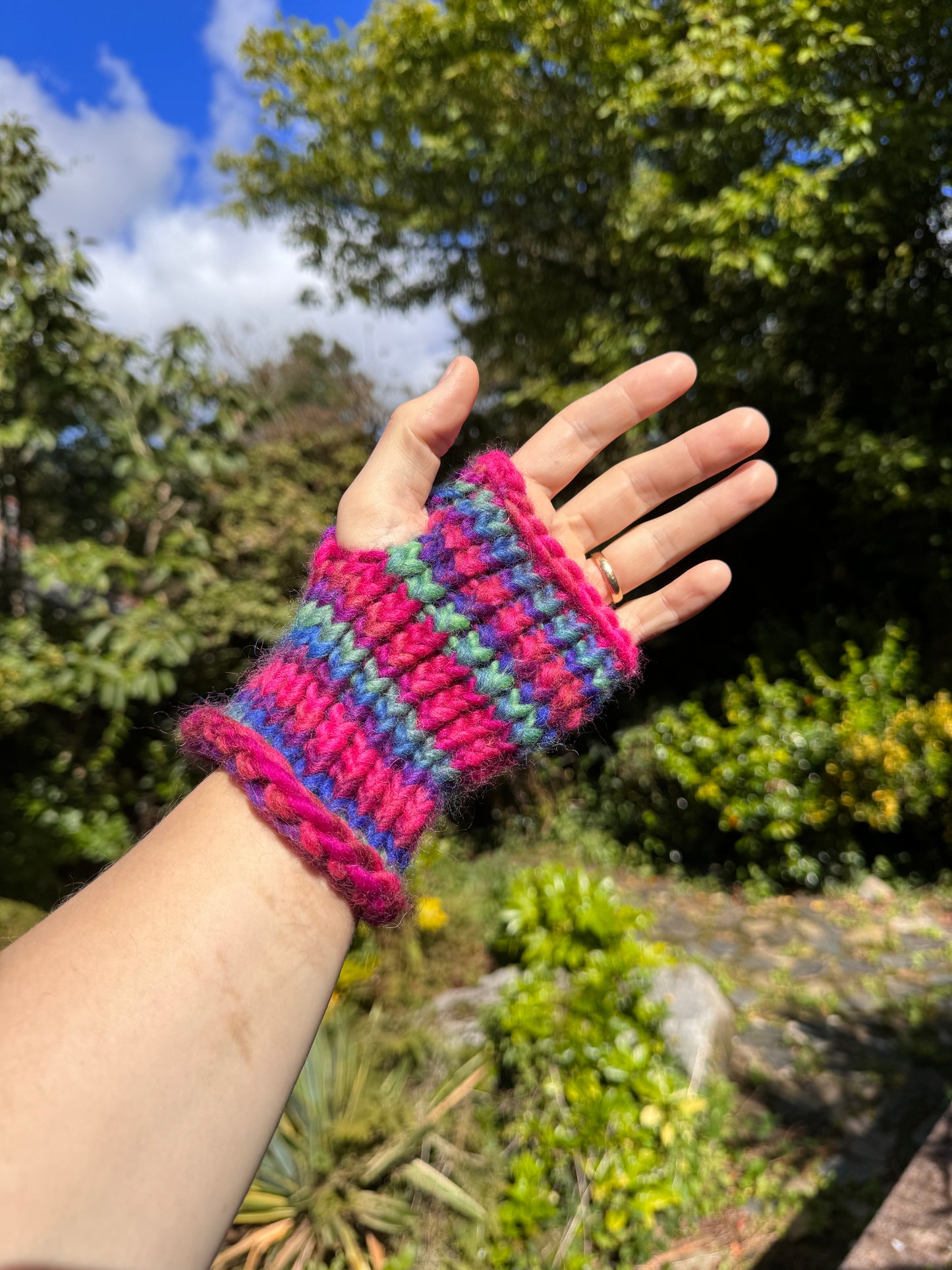 Adult - Hand knitted fingerless gloves - Bright Rainbow