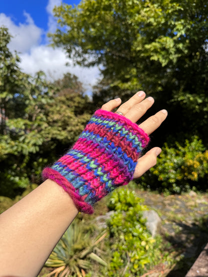 Adult - Hand knitted fingerless gloves - Bright Rainbow