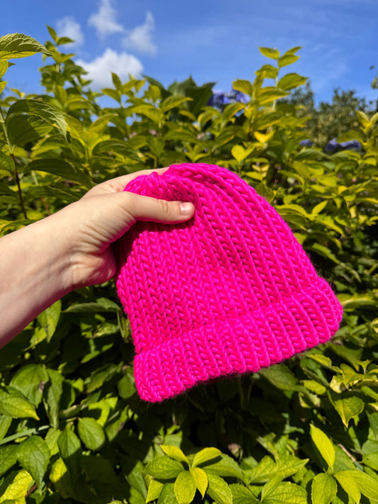 Snug Fit - Hand Knitted Wool Hat - Child or Snug Fit XS Adult - Bright Pink Merino