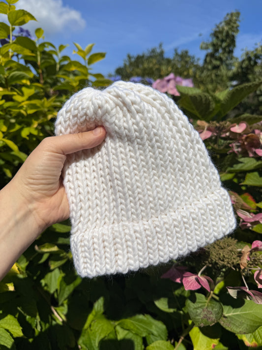 Snug Fit - Hand Knitted Wool Hat - Child or Snug Fit XS Adult - White