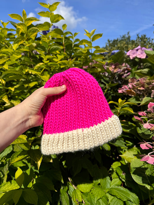 Snug Fit - Hand Knitted Wool Hat - Child or Snug Fit XS Adult - Bright Pink and Cream