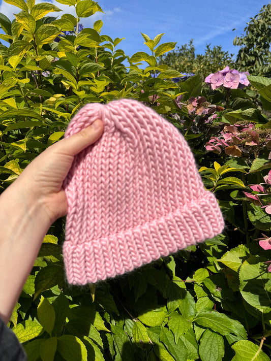 Snug Fit - Hand Knitted Wool Hat - Child or Snug Fit XS Adult - Pink Merino