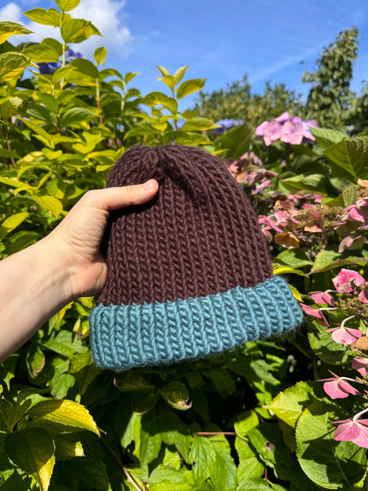 Snug Fit - Hand Knitted Wool Hat - Child or Snug Fit XS Adult - Teal and Brown