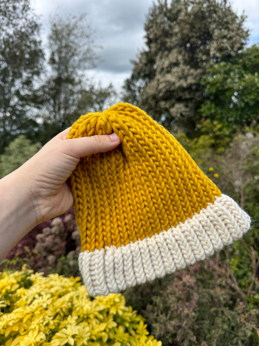 Snug Fit - Hand Knitted Wool Hat - Child or Snug Fit XS Adult - Mustard and Cream