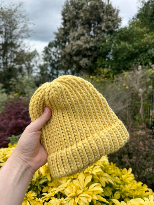 Snug Fit - Hand Knitted Wool Hat - Child or Snug Fit XS Adult - Pastel Yellow