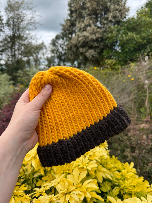 Snug Fit - Hand Knitted Wool Hat - Child or Snug Fit XS Adult - Buttercup Merino and Black Shetland