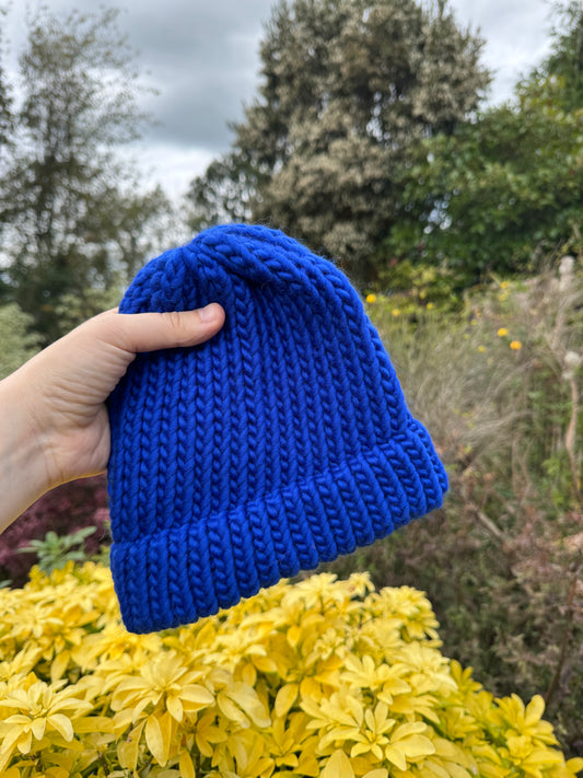 Snug Fit - Hand Knitted Wool Hat - Child or Snug Fit XS Adult - Royal Blue