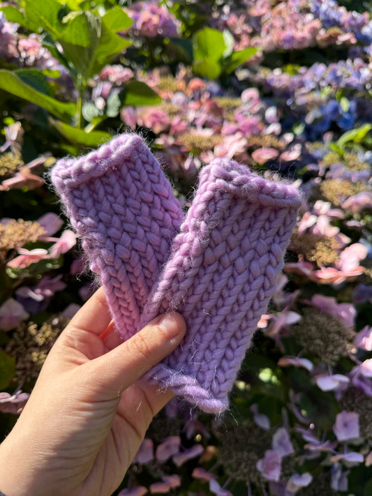 Lavender colour hand knitted fingerless gloves for children toddler