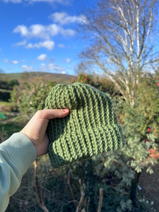 Olive Green Baby Hat – Hand Knitted in 100% Merino Wool (6-12 months)