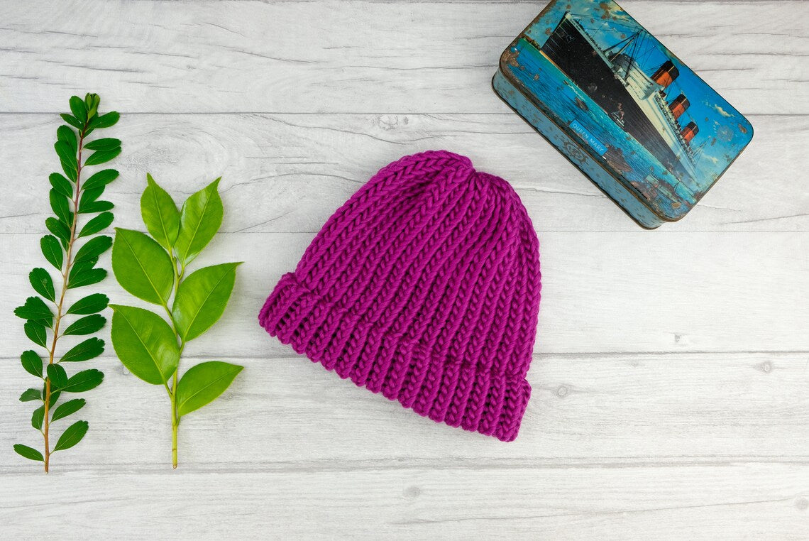 Child/ Small Adult- Magenta knitted hat - 100% merino wool