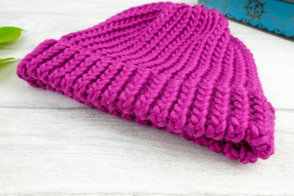 Child/ Small Adult- Magenta knitted hat - 100% merino wool